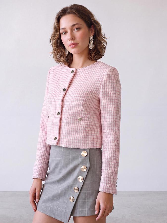 R&B Women Pink Checked Collarless Long Sleeves Tailored Jacket