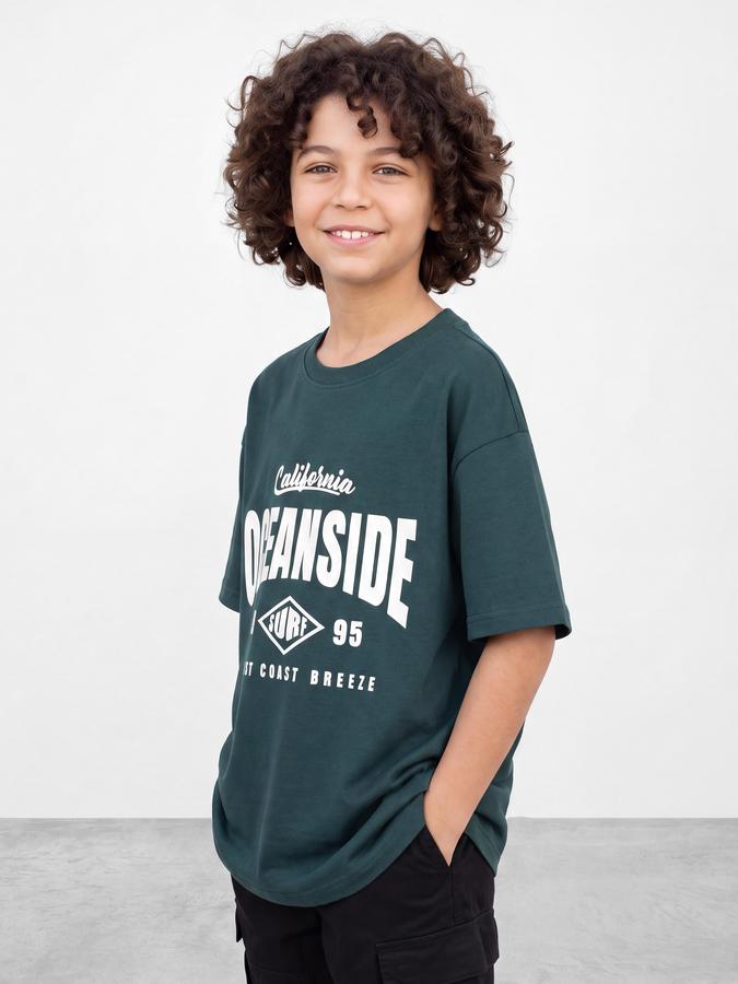 R&B Boys Green Graphic Print Short Sleeves Round Neck Pure Cotton T-Shirt