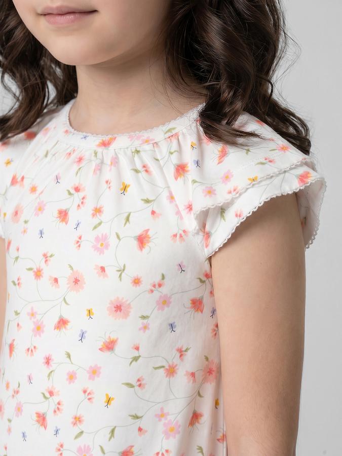 R&B White Printed Girls Round Neck Short Sleeves Dresses