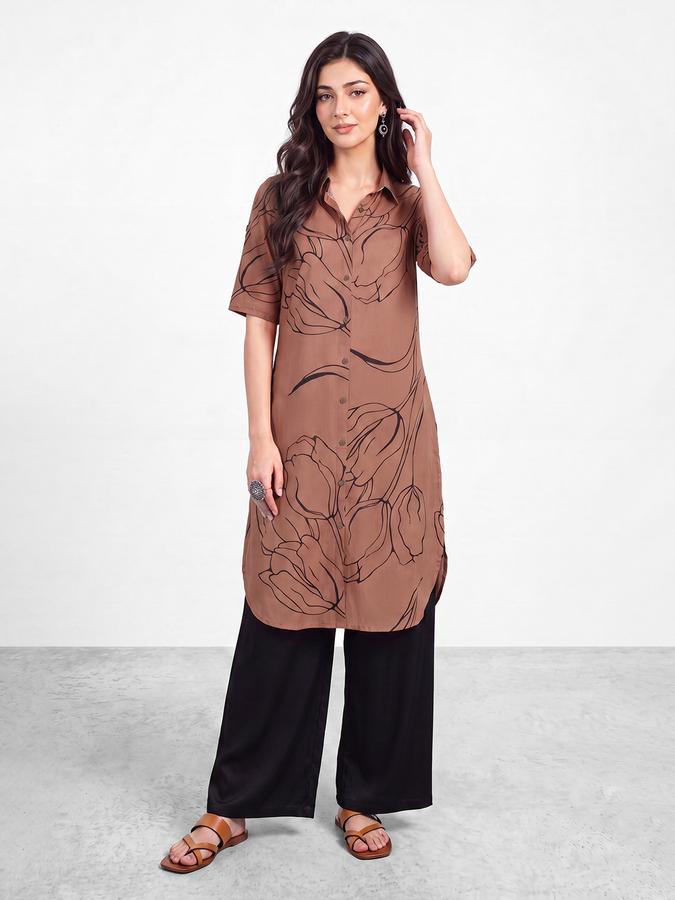 R&B Womens Brown Short Sleeves Collared Floral Printed Straight Kurta