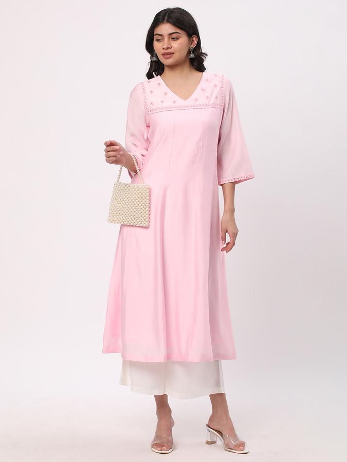Women Poly Blend Regular Fit V Neck Embroidered Kurta