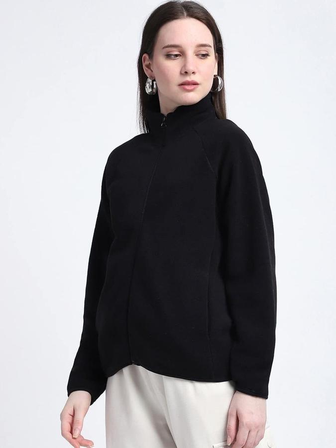 R&B Women Black Long Sleeves Solid High Neck Zipper Jacket