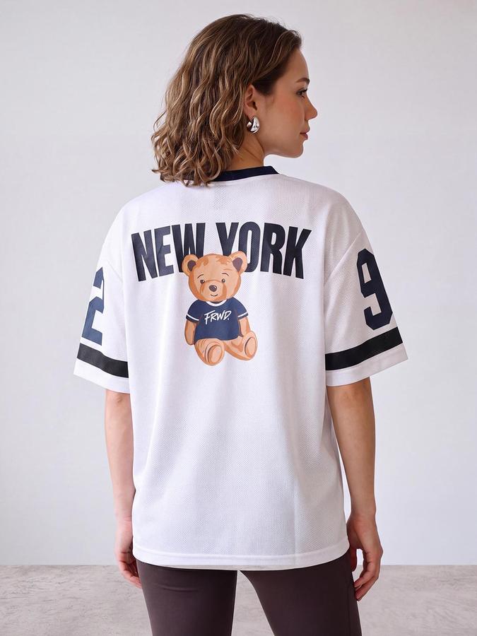 R&B Women White Teddy Bear Back Print V-Neck Short Sleeves T-Shirt