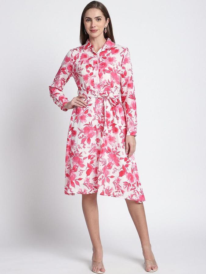 R&B Women Pink Floral Long Sleeves Shirt Collar Knee Length A-Line Dress