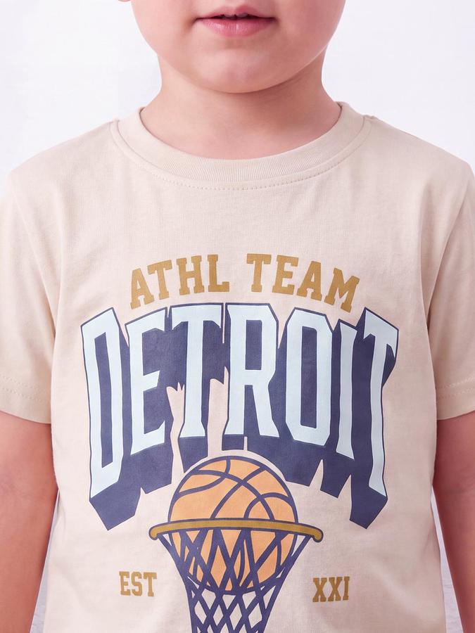 R&B Boys Light Beige Short Sleeve Round Neck Football Graphic Print T-Shirt