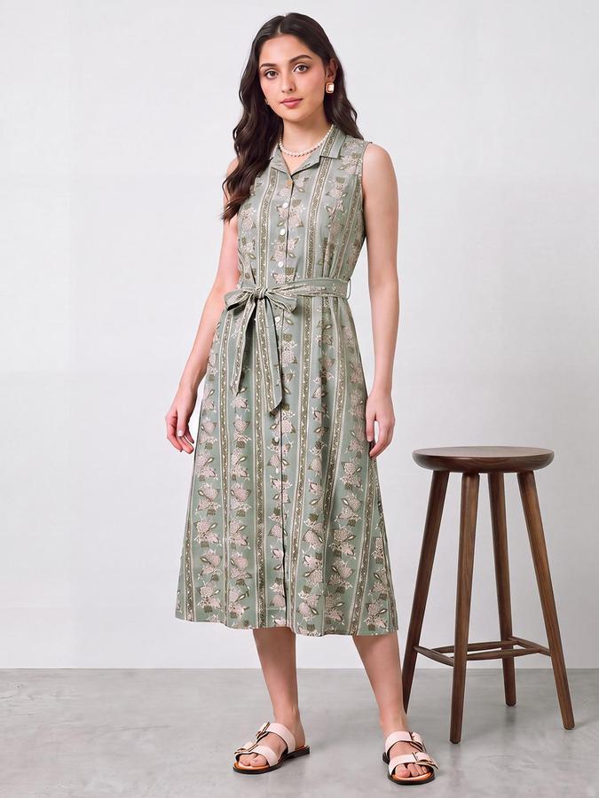 R&B Women Ethnic Green Floral Print A-Line Dress