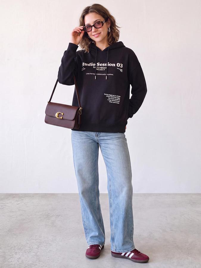 R&B Women Charcoal Typography Print Hooded Long Sleeves Sweatshirt
