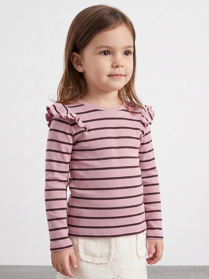 R&B Girls Pink Striped Long Sleeves Round Neck Ribbed T-Shirt