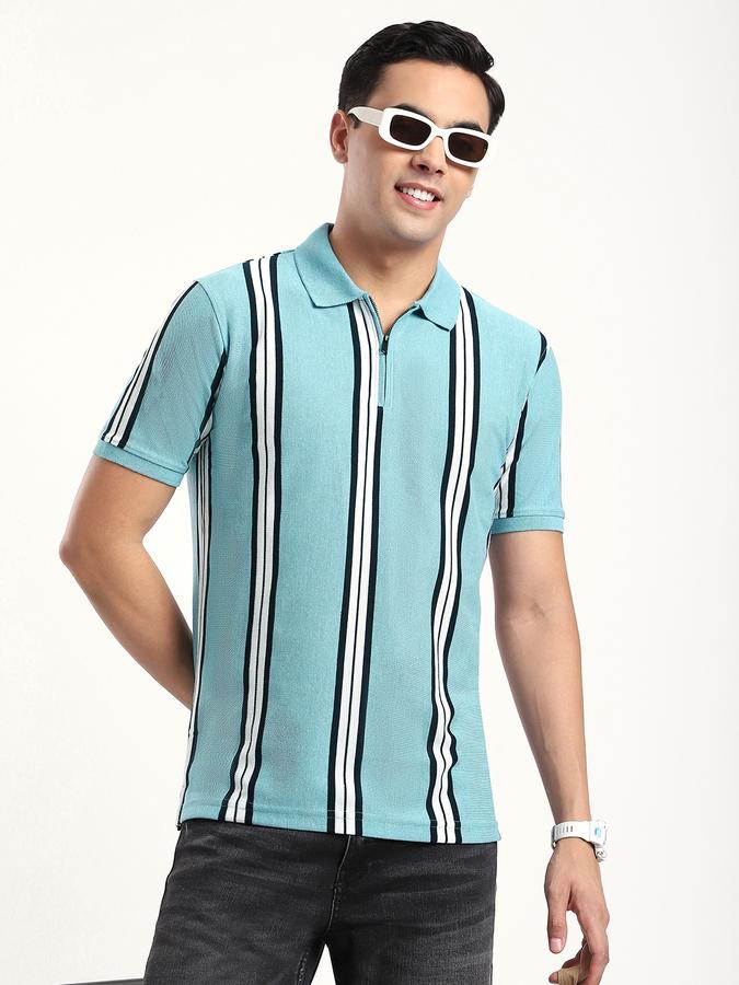 Men Cotton Blend Regular Fit Polo Neck Striped T-shirt