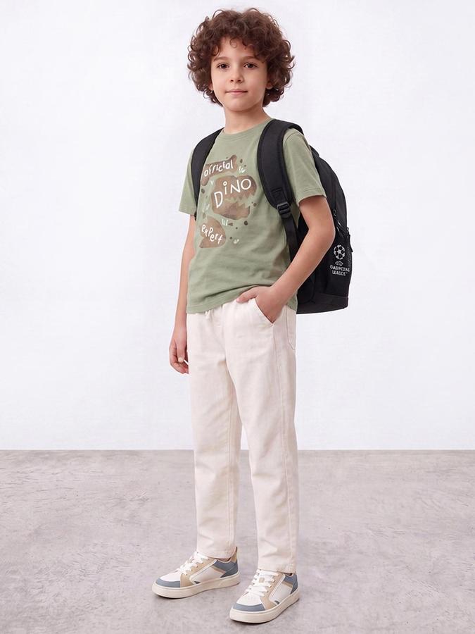 R&B Boys Ivory Solid Pure Cotton Trousers with Drawstring Waist