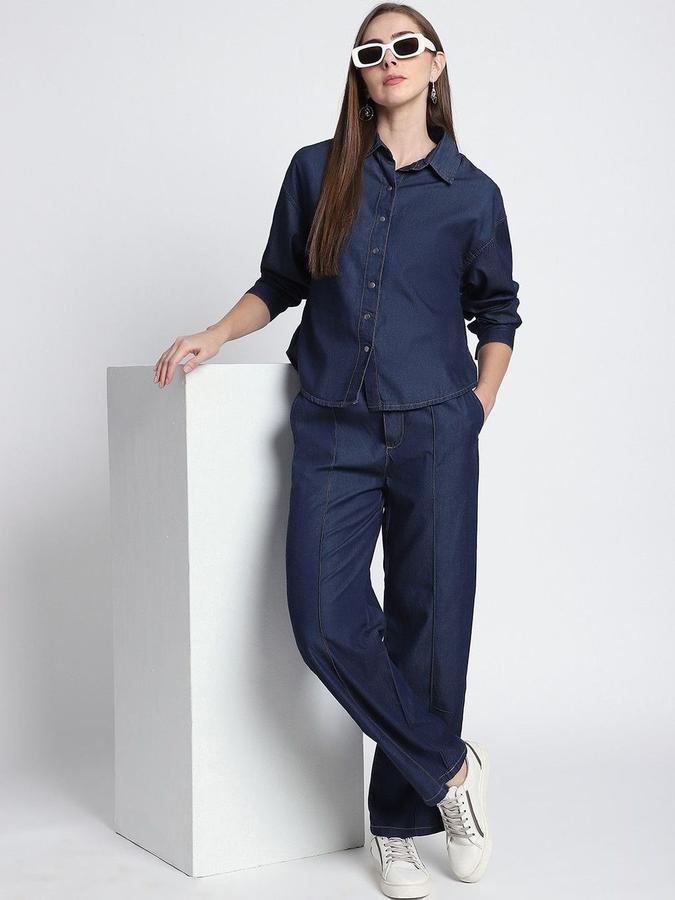 R&B Women Dark Blue Solid Long Sleeves Shirt 