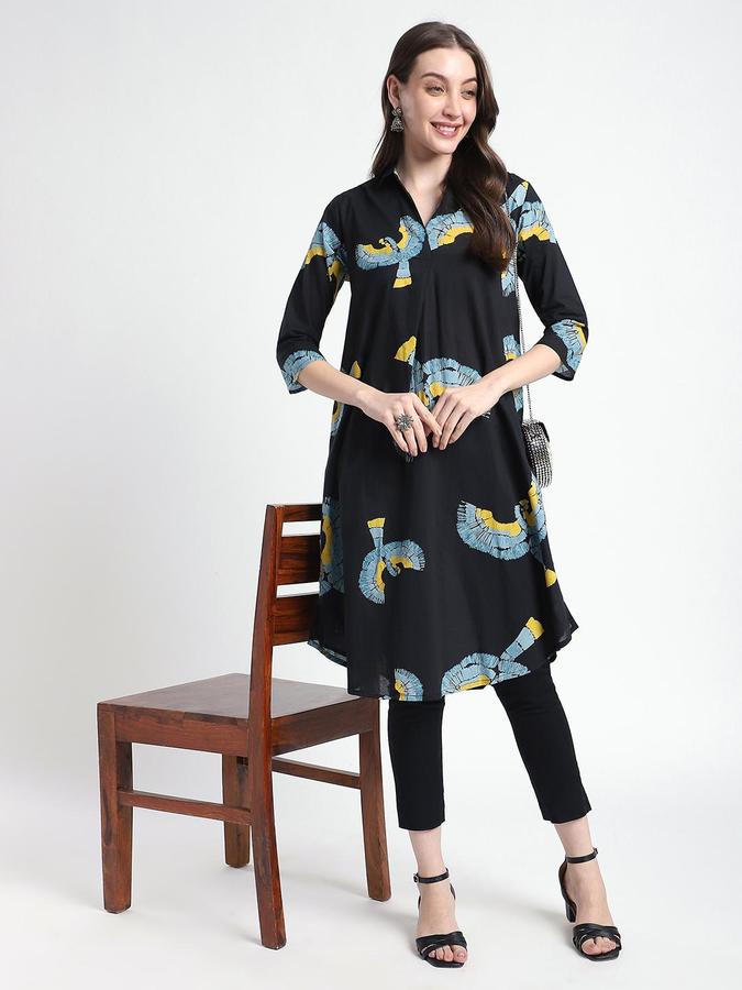 R&B Women Black Abstract Print Shirt Collar Knee Length Pure Cotton Ethnic Kurta
