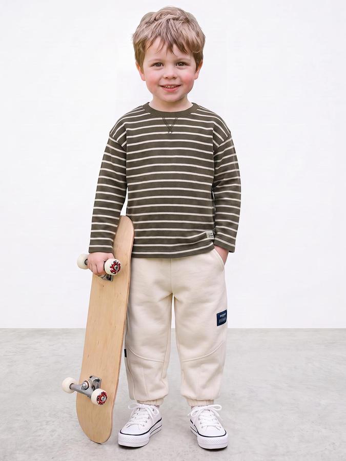 R&B Boys Green Striped Long Sleeves Round Neck T-Shirt