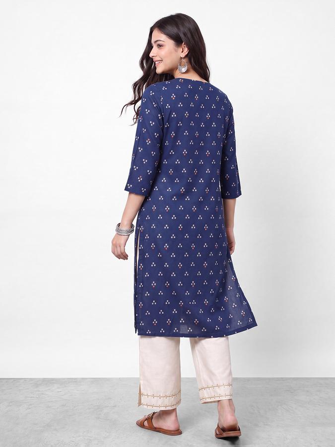 R&B Womens Navy Blue Three-Quarter Sleeves Round Neck Floral Printed Straight Kurta