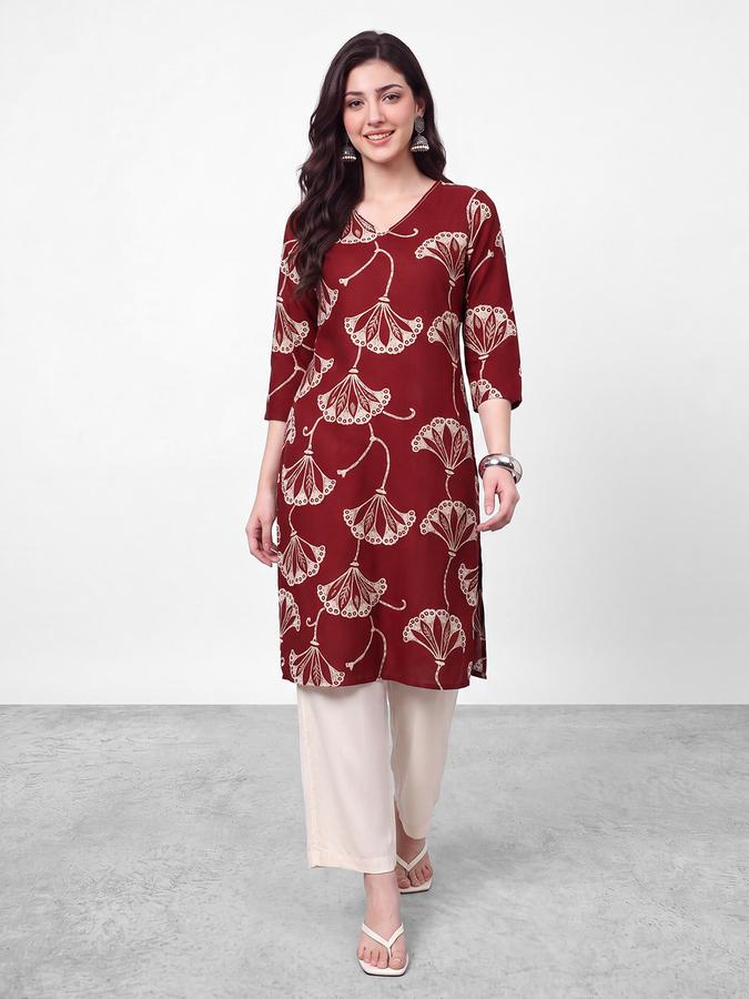 R&B Womens Dark Red Three-Quarter Sleeves V Neck Floral Printed Straight Kurta
