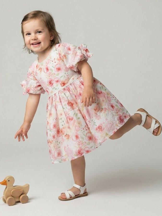 R&B Girls Pink Floral Half Sleeves Round Neck Knee Length Fit &amp; Flare Dress