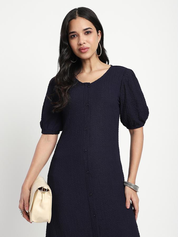 R&B Women Navy Solid Button-Front Midi Dress