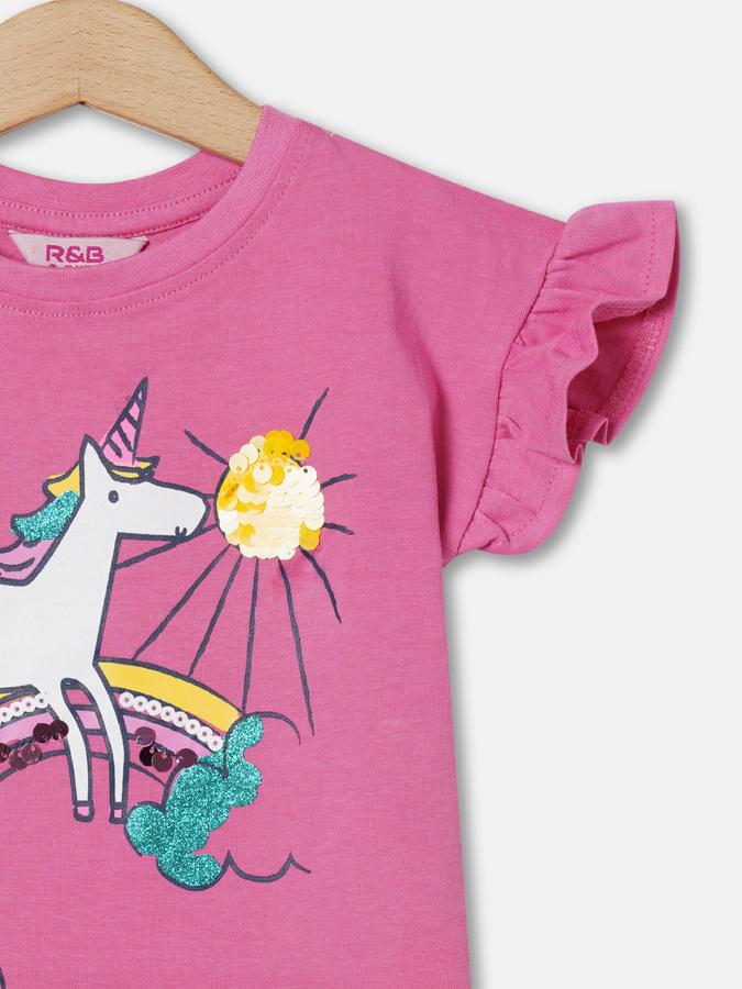 Girls Cotton Regular Fit Crew Neck Short Sleeve Graphic Top