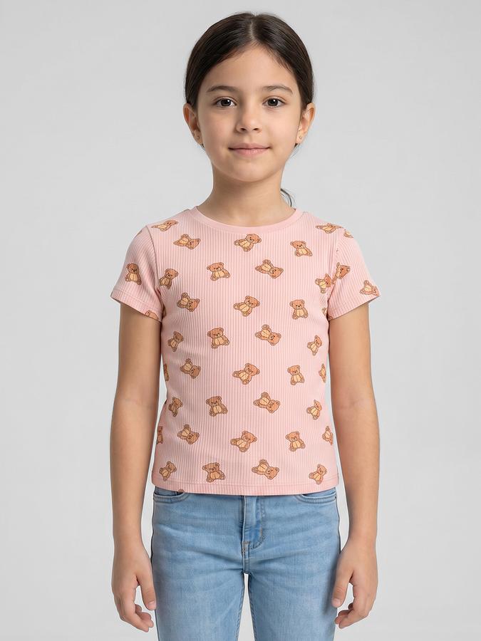 R&B Pink Graphic Print Girls Round Neck Regular Fit Short Sleeves T-Shirt 