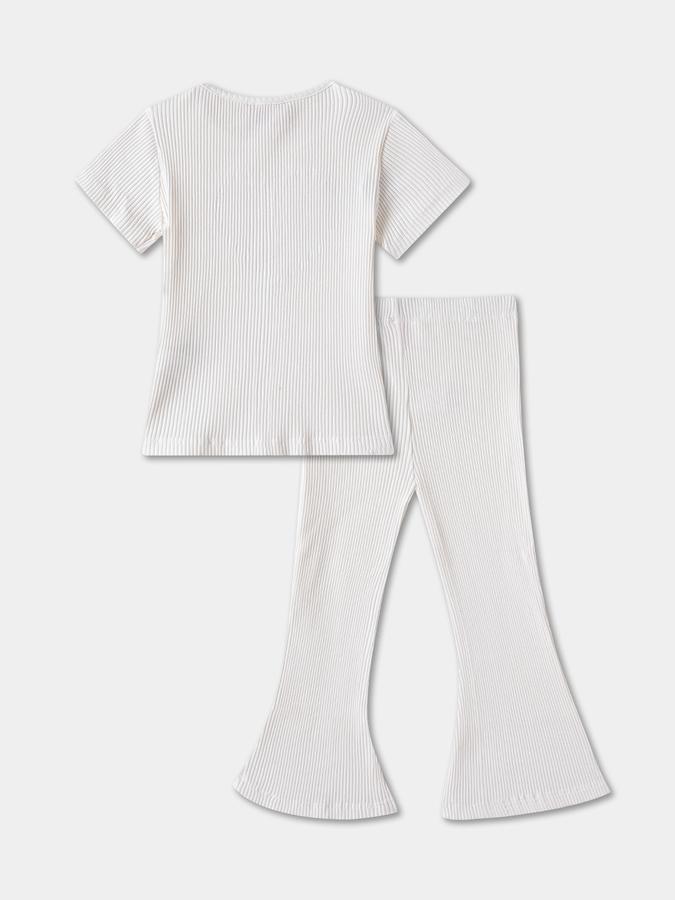 Girls Cotton Blend Solid Top and Flared Trousers Set