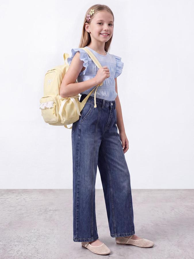 R&B Girls Blue Solid Wide Leg High Rise Jeans