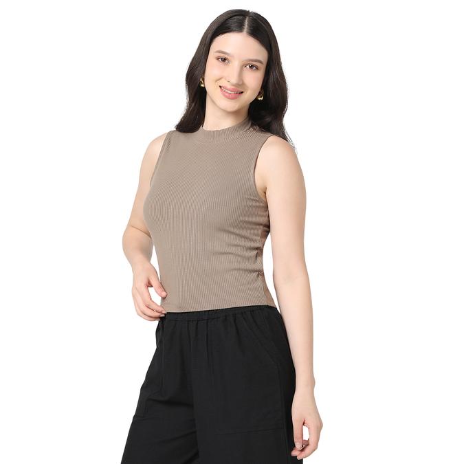R&B Women Brown Solid Sleeveless Ribbed Top