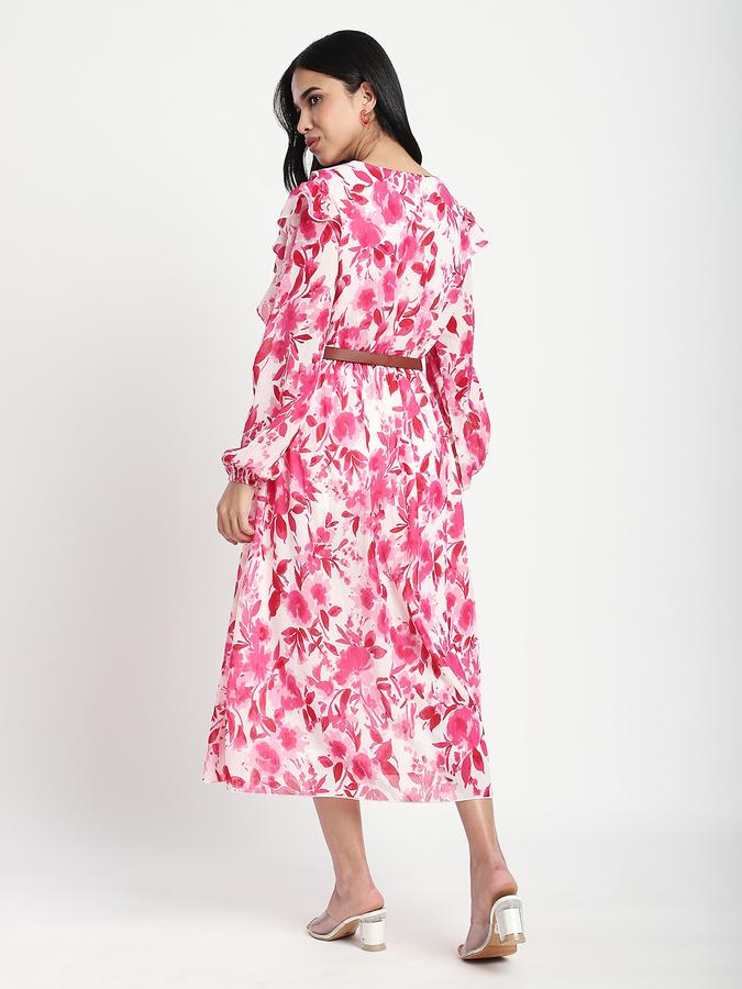 R&B Women Pink Abstract Print Ruffle Shirt Dress