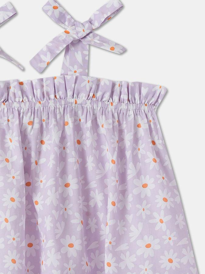R&B Girls Purple Floral Sleeveless Square Neck Midi A-Line Dress