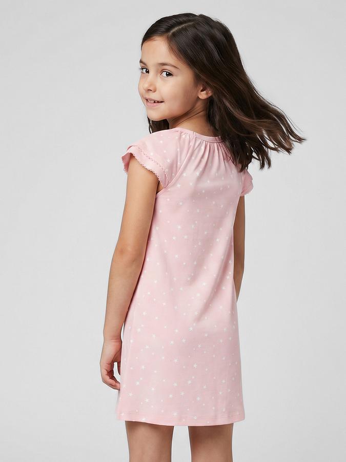 R&B Peach Printed Girls Round Neck Short Sleeves Dresses