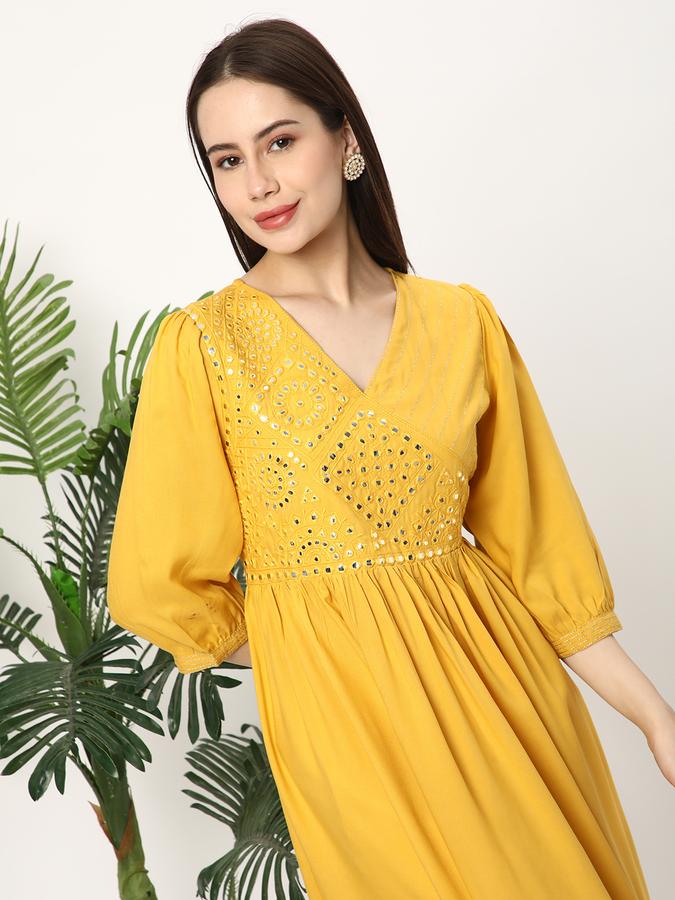 Women Rayon Regular Fit V Neck Embellished Kurta