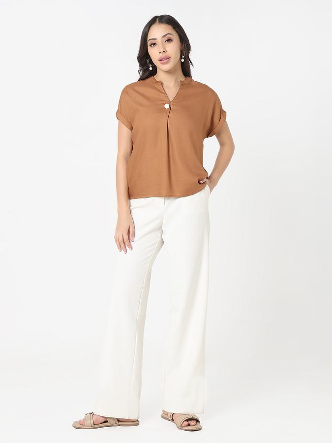 Women Viscose Relaxed Fit Mandarin Collar Solid Top