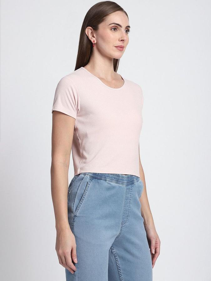 R&B Womens Light Pink Self Design Round Neck Short Sleeves T-shirt