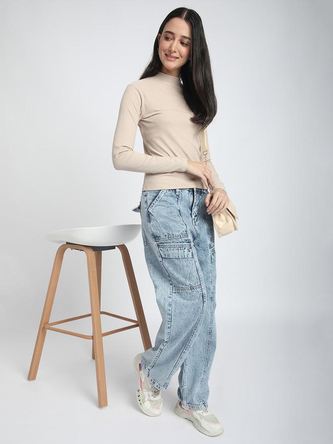 R&B Women Sand Solid Long-Sleeve High-Neck Top