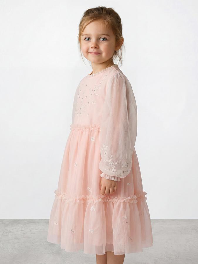 R&B Girl Orange Embroidery Floral Long Sleeves Fit and Flare Dress
