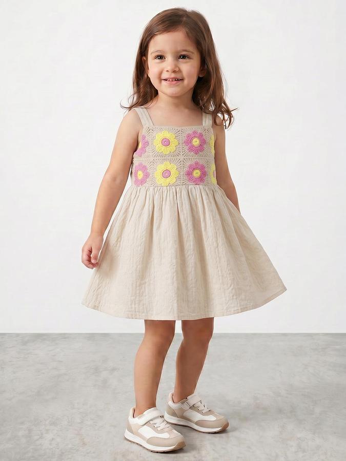 R&B Beige Cotton Printed Girls Dresses