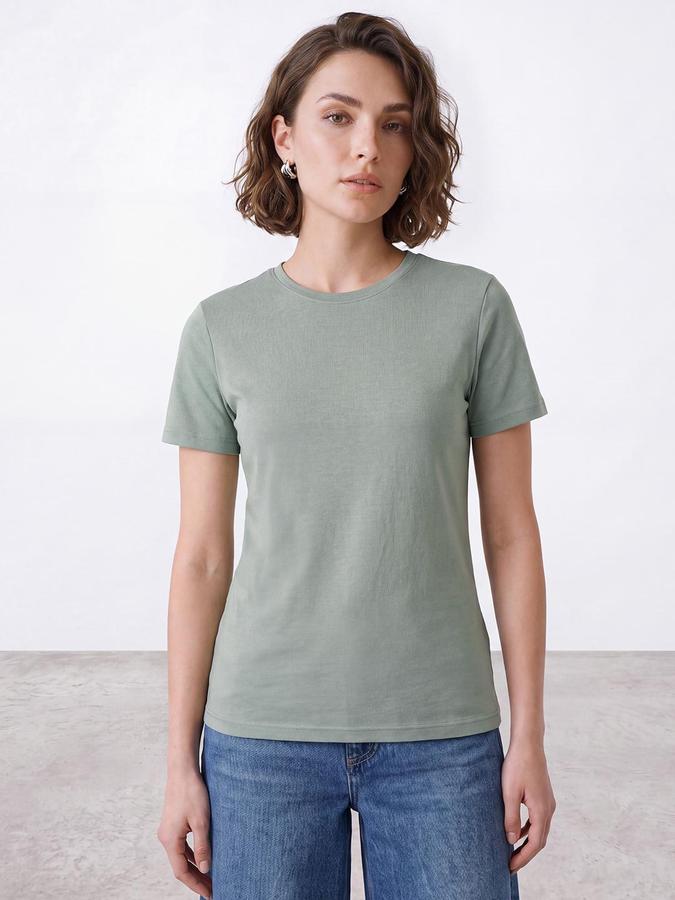R&B Women Green Short Sleeve Round Neck Solid T-Shirt