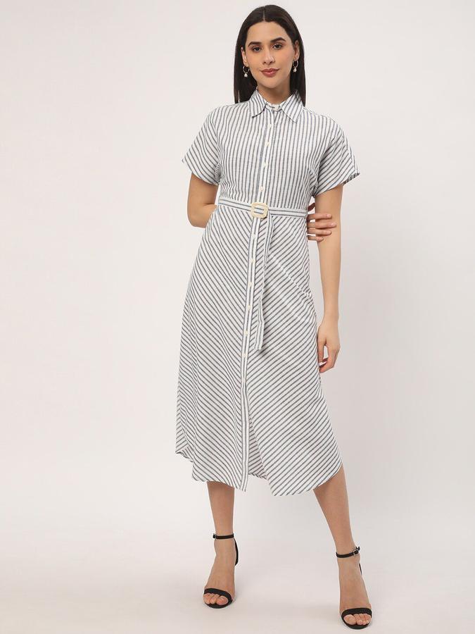 R&B Women Blue Striped Short Sleeve Shirt Collar Midi Shirt Dress