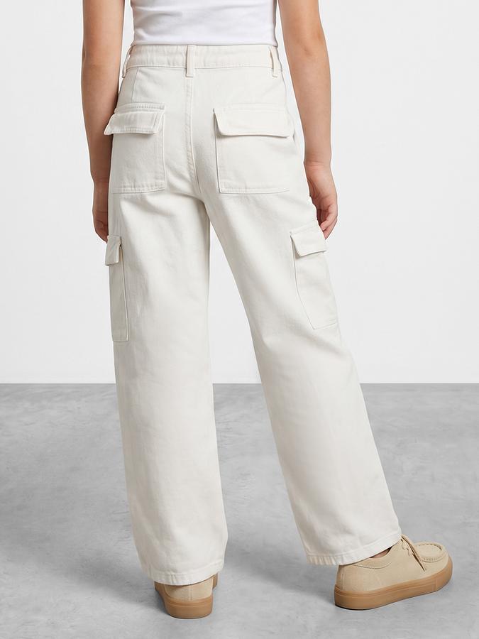 R&B Girls Cream Wide Leg Solid Mid-Rise Cotton Trouser