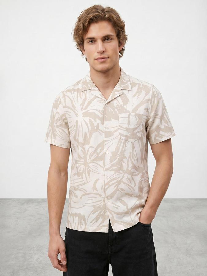 R&B Men Beige Abstract Print Resort Collar Short Sleeves Regular Fit Shirt