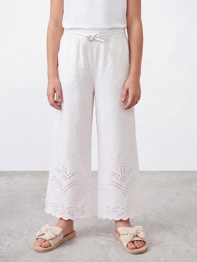 R&B Girls White Straight Fit Embroidery Mid Rise Pure Cotton Trousers