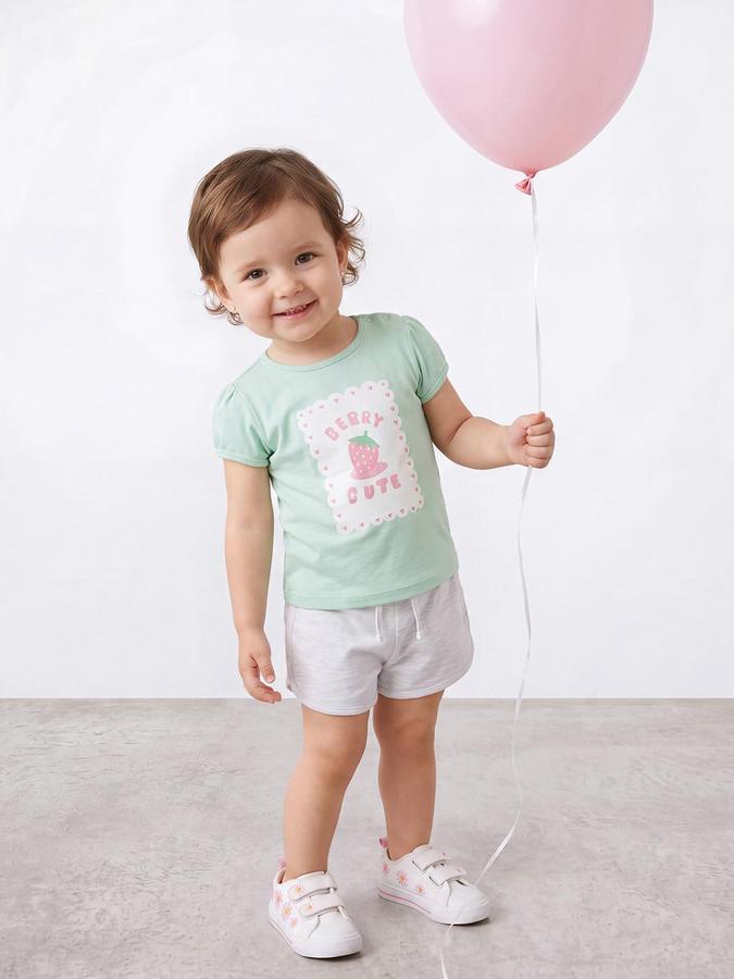 R&B Girls Green Graphic Print Short Sleeves Round Neck Pure Cotton T-Shirt