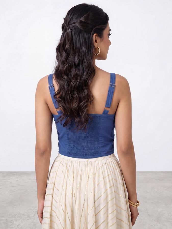 R&B Womens Blue Square Neck Sleeveless Floral Embroidered Strappy Fitted Crop Top
