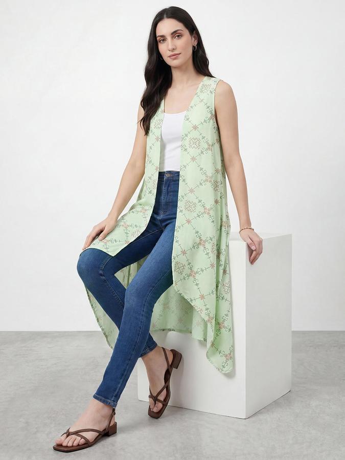R&B Womens Green Printed Round Neck Sleeveless Tops 
