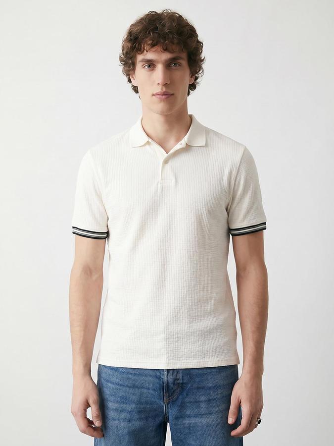 R&B Men's Beige Short sleeve Polo Neck Self Design T-Shirt