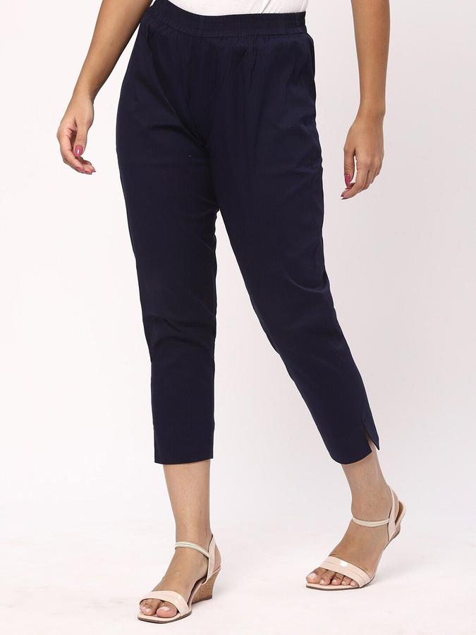 R&B Women Navy Blue Solid Regular Fit Pants