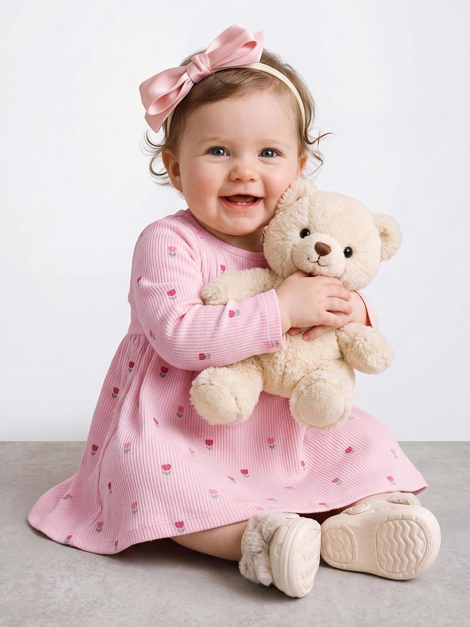 R&B Girl Light Pink Round Neck Printed Dress