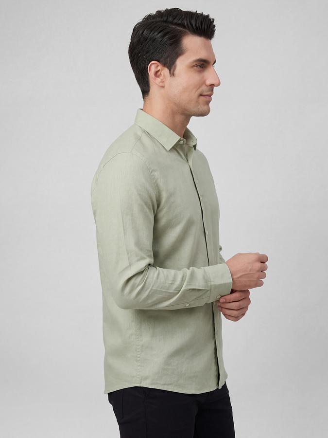 R&B Sage Green Solid Men Spread Collar Long Sleeves Shirt