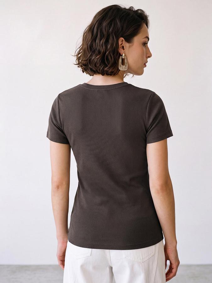 R&B Women Brown Short Sleeve Round Neck Solid T-Shirt
