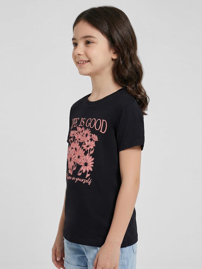 R&B Black Graphic Print Girls Round Neck Regular Fit Short Sleeves T-Shirt 