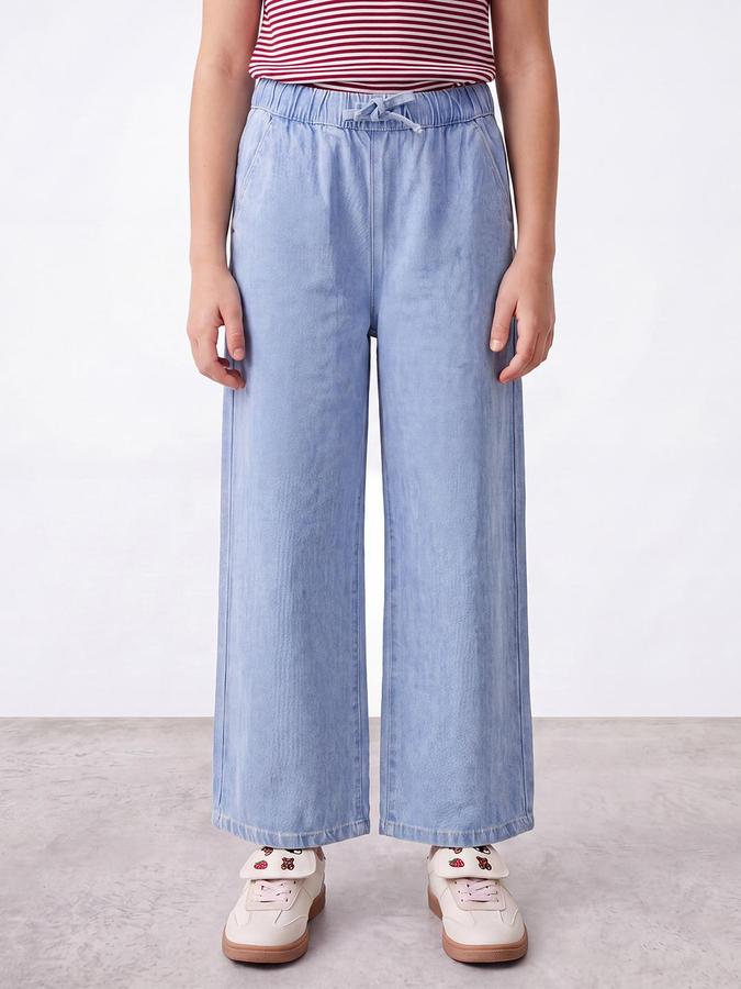 R&B Girls Blue Solid Wide Leg High Rise Jeans